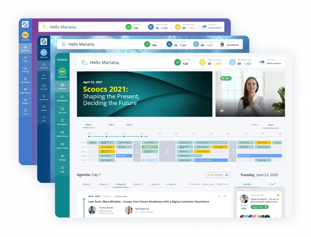 the image shows different timelines from SCOOCS customizable virtual event platform