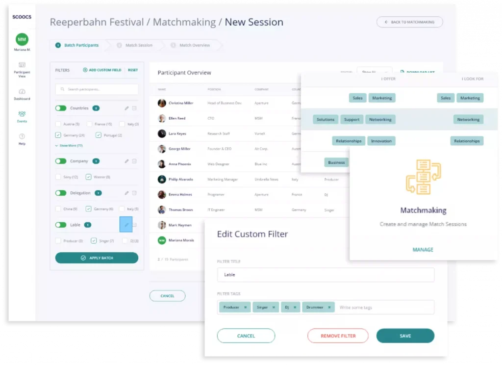 Virtual event engagement tools tag based matchmaking