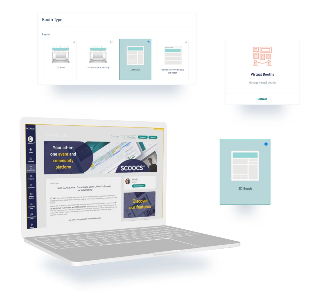 The image shows the SCOOCS 2D booths - online event sponsorship tools